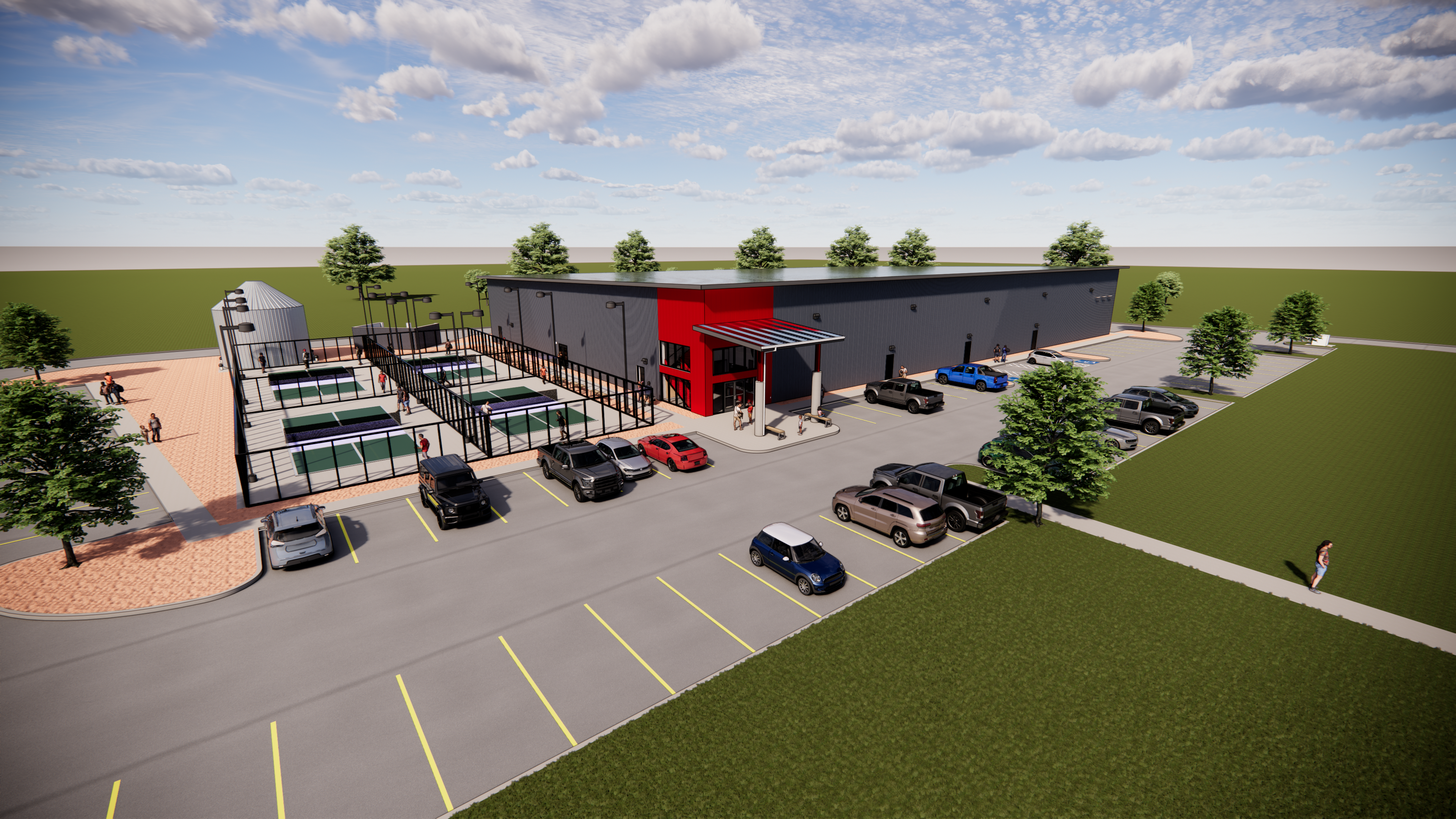 Aerial corner view of The Pickleball Grove facility