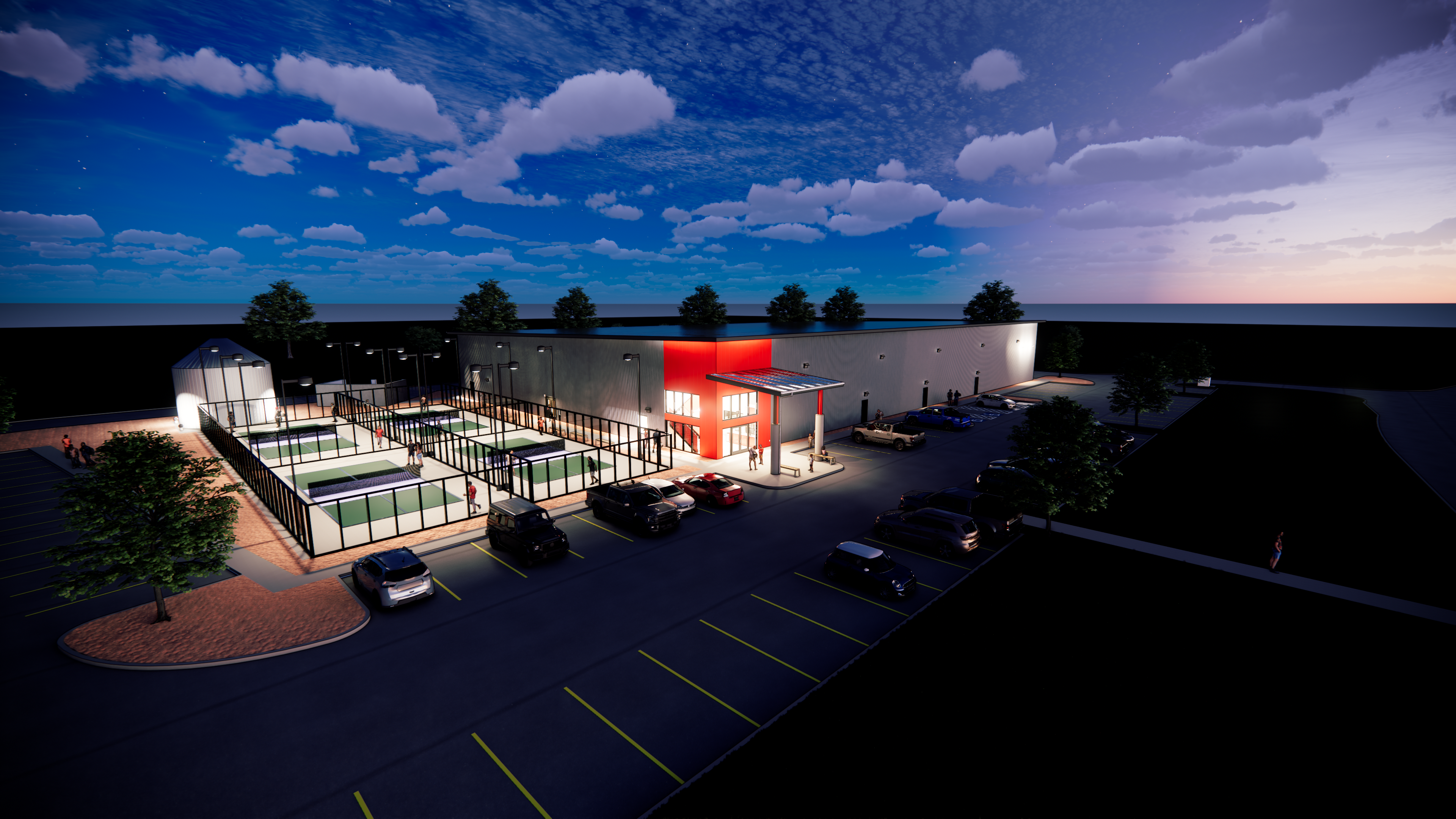 The Pickleball Grove facility at night