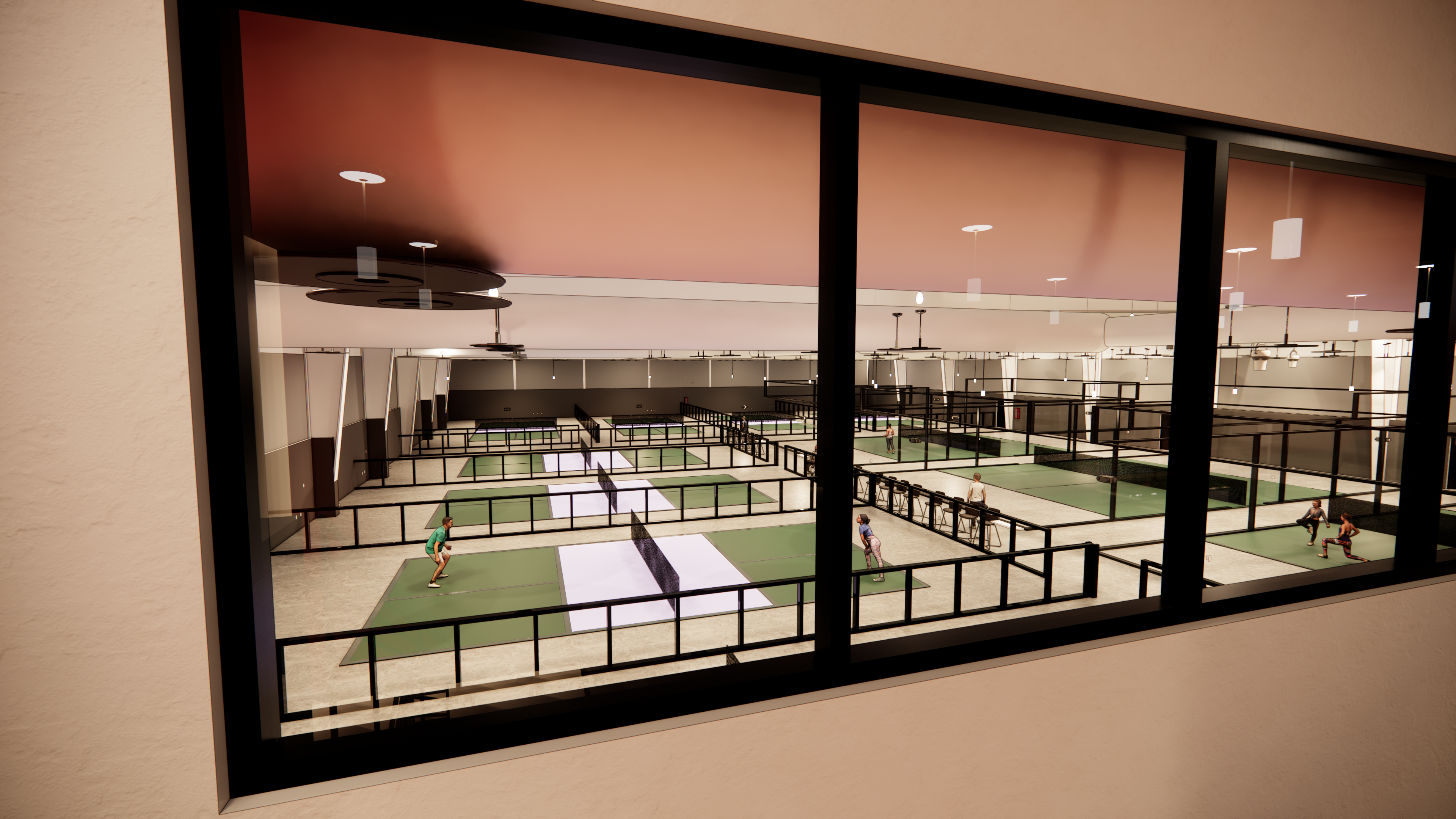 View from the mezzanine looking down at the pickleball courts